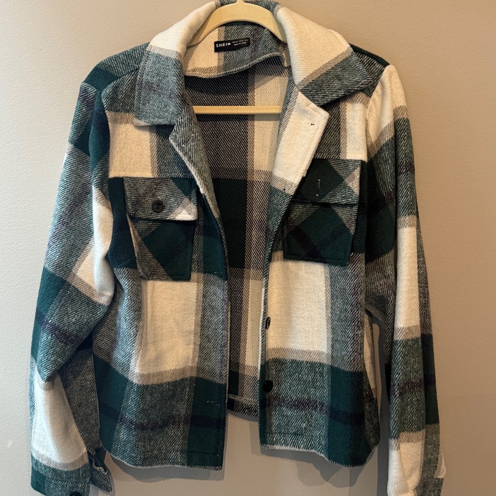 SHEIN Green and Cream Checkered Coat / Shacket